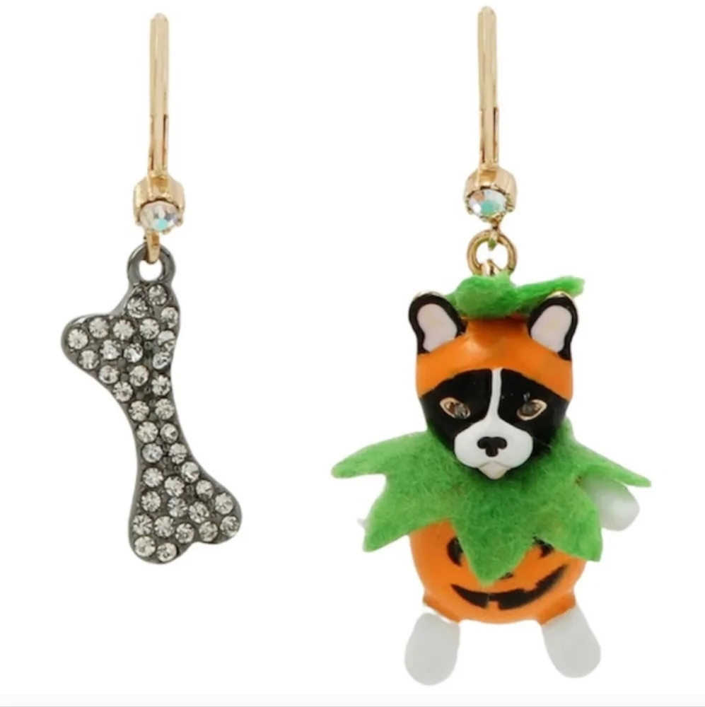 Betsey Johnson French Bulldog & Bone Halloween Mismatch Drop Earrings Crystal